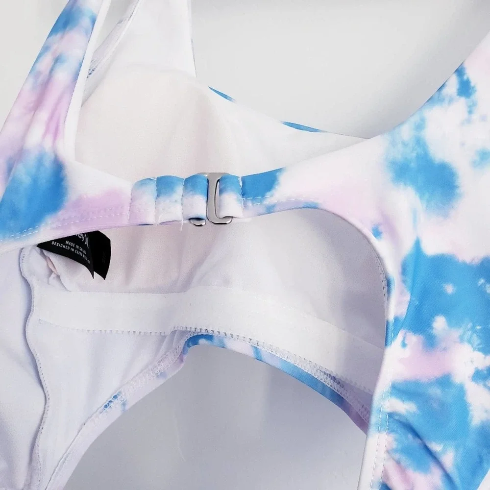 Hurley Tie Dye Cutout One-Piece Swimsuit  w Logo Purple Blue Small - Picture 3 of 4